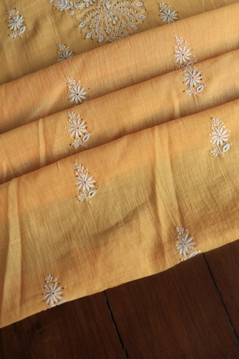 Peach Mal Cotton Chikankari Unstitched Kurta Dupatta Fabrics With Kamdani