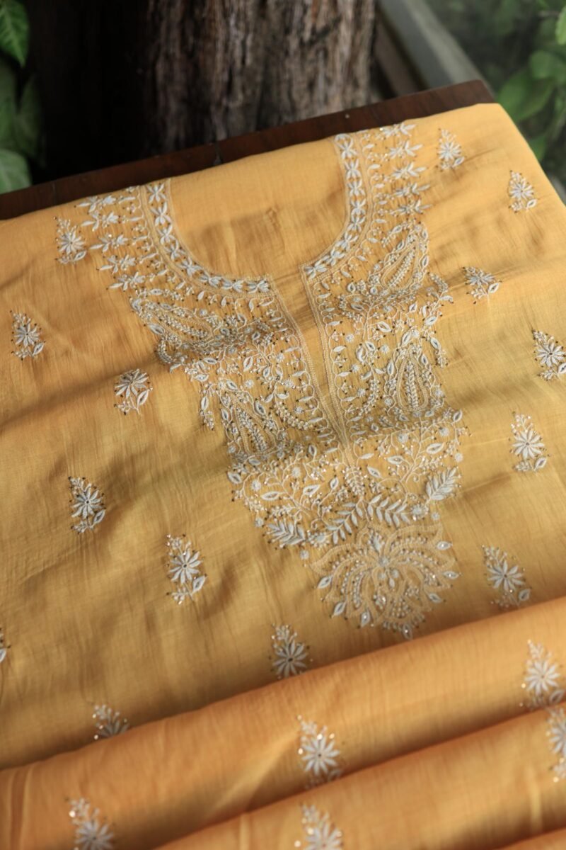 Peach Mal Cotton Chikankari Unstitched Kurta Dupatta Fabrics With Kamdani