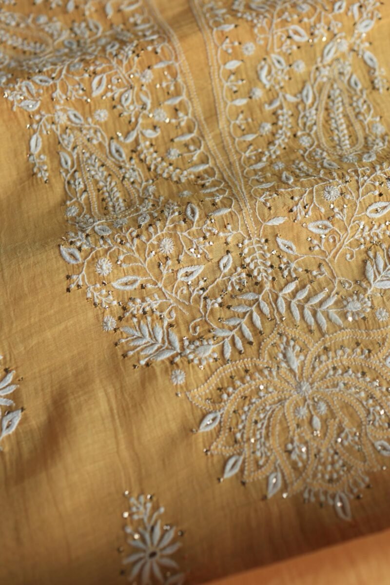 Peach Mal Cotton Chikankari Unstitched Kurta Dupatta Fabrics With Kamdani