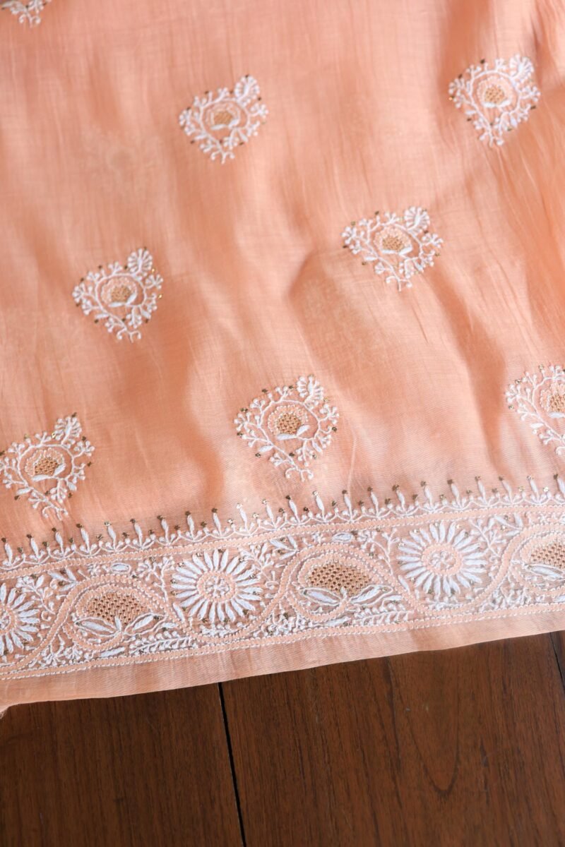 Peach Mal Cotton Chikankari Unstitched Kurta Dupatta Fabrics With Kamdani
