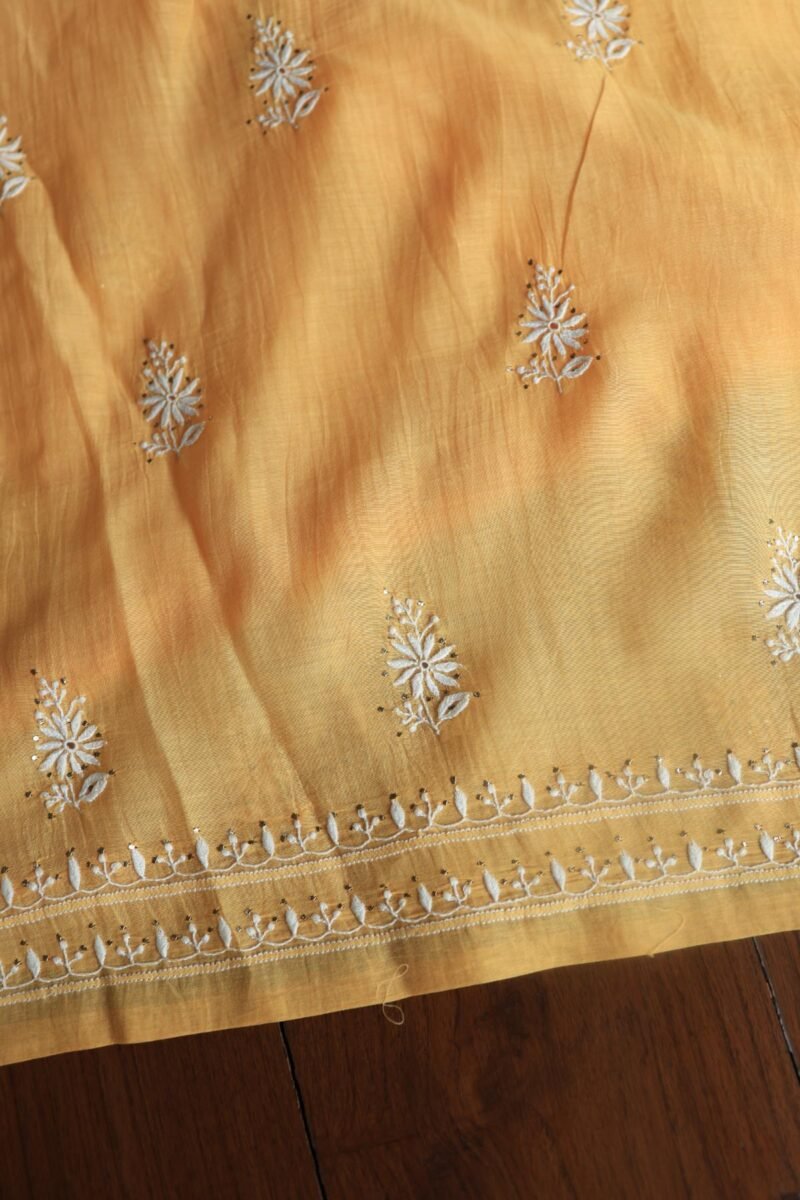 Peach Mal Cotton Chikankari Unstitched Kurta Dupatta Fabrics With Kamdani