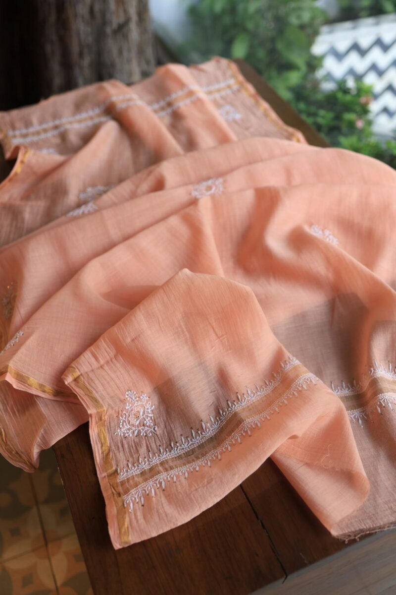 Peach Mal Cotton Chikankari Unstitched Kurta Dupatta Fabrics With Kamdani