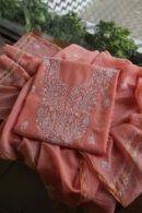 Peach Mal Cotton Chikankari Unstitched Kurta Dupatta Fabrics With Kamdani