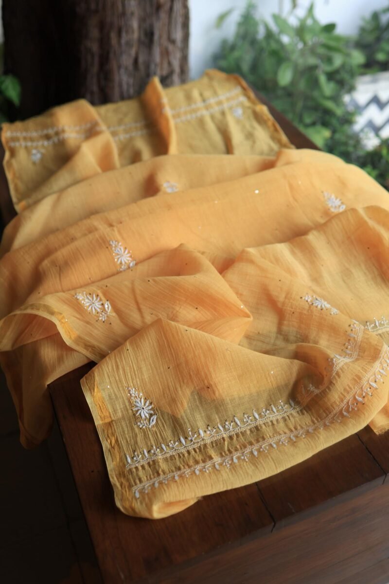 Peach Mal Cotton Chikankari Unstitched Kurta Dupatta Fabrics With Kamdani