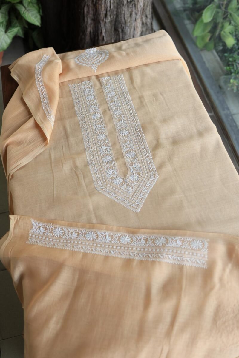 Peach Malmal Chikankari Unstitched Men's Kurtas Fabrics