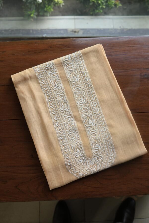 Peach Malmal Chikankari Unstitched Men's Kurtas Fabrics - Image 7