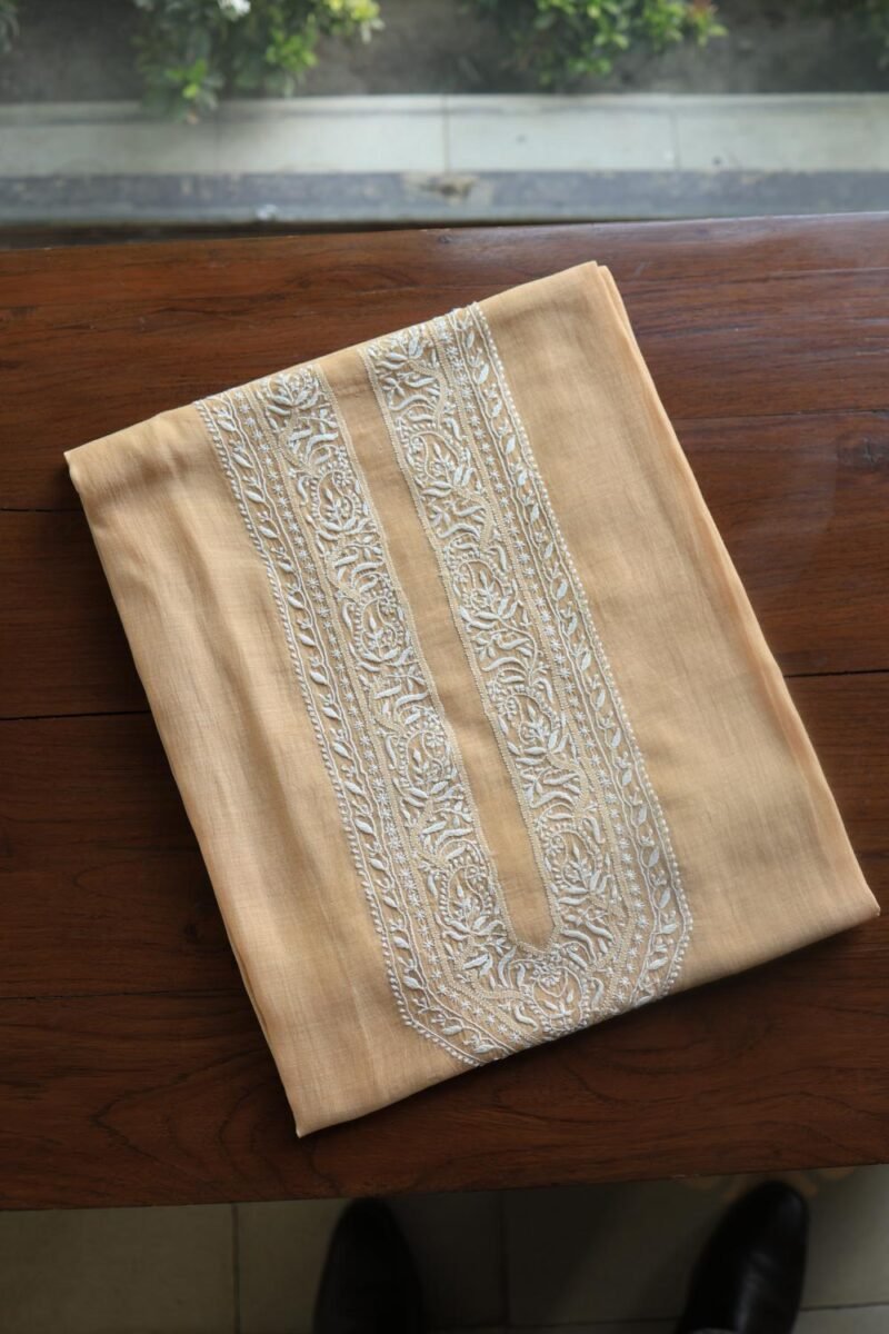 Peach Malmal Chikankari Unstitched Men's Kurtas Fabrics