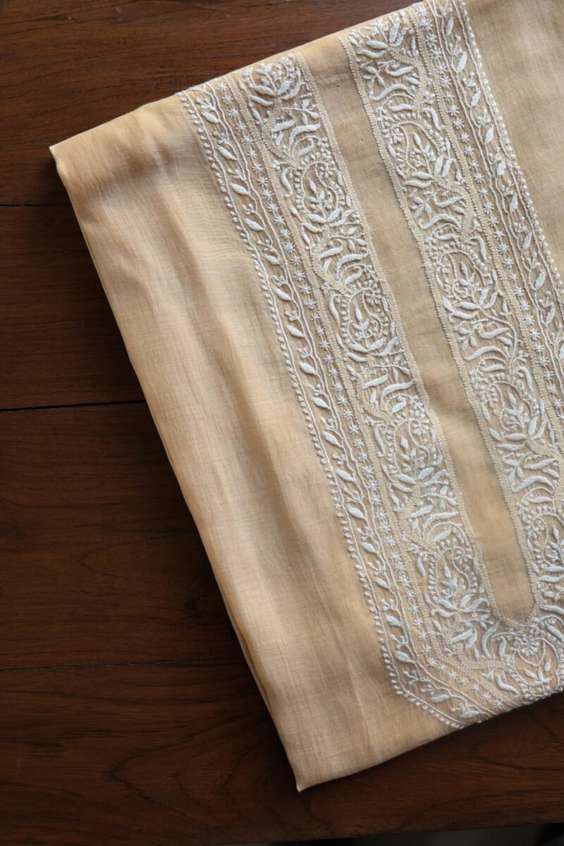 Peach Malmal Chikankari Unstitched Men's Kurtas Fabrics