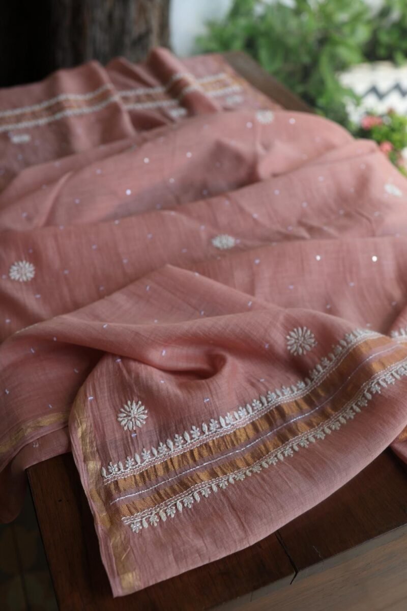 Peach Malmals Pearl Work Chikankari Fabrics