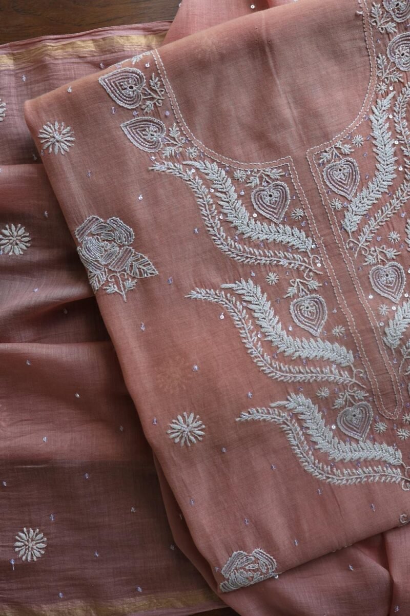 Peach Malmals Pearl Work Chikankari Fabrics