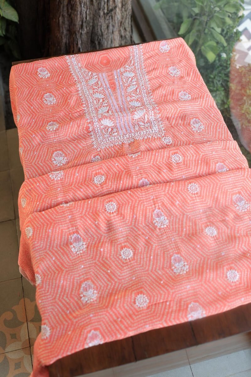 Peach Muslin Chikankari Kurta Fabrics