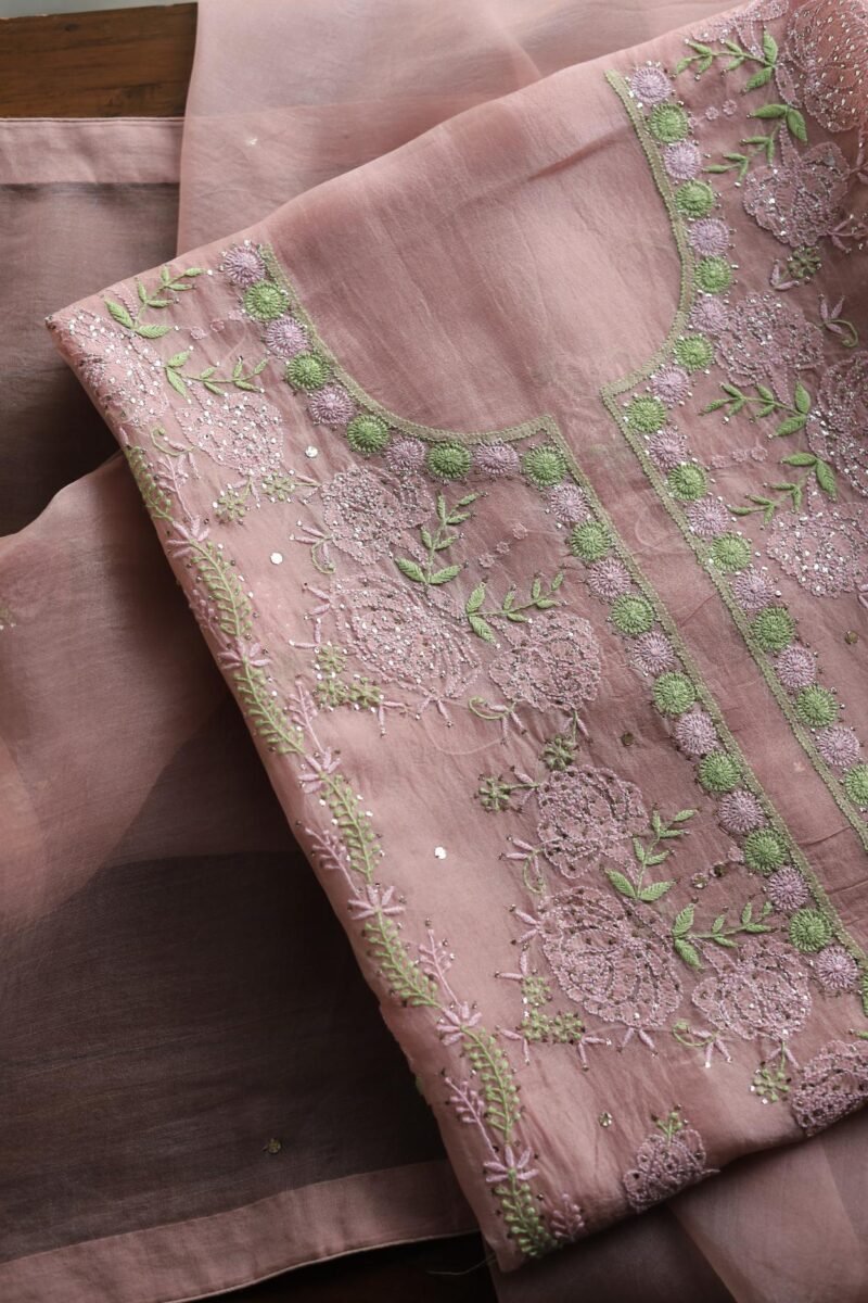 Peach Noor Organza Silk Chikankari Unstitched Kurta Dupatta Set