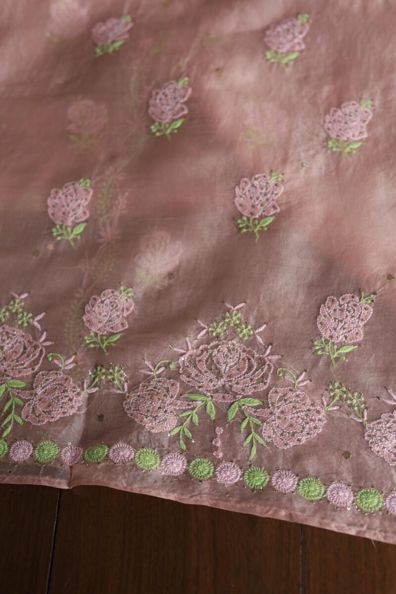 Peach Noor Organza Silk Chikankari Unstitched Kurta Dupatta Set