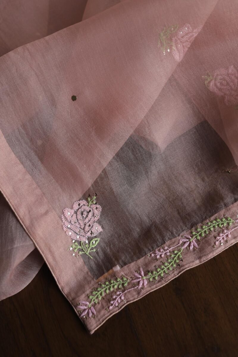 Peach Noor Organza Silk Chikankari Unstitched Kurta Dupatta Set