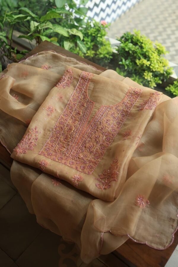 Peach Noor Organza Silk Chikankari Unstitched Kurta Dupatta Set - Image 9