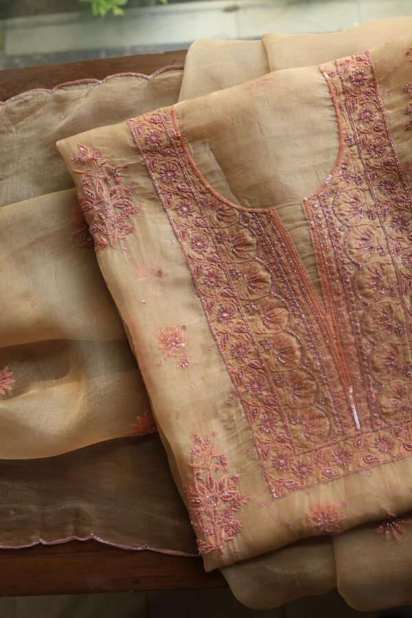 Peach Noor Organza Silk Chikankari Unstitched Kurta Dupatta Set - Image 10