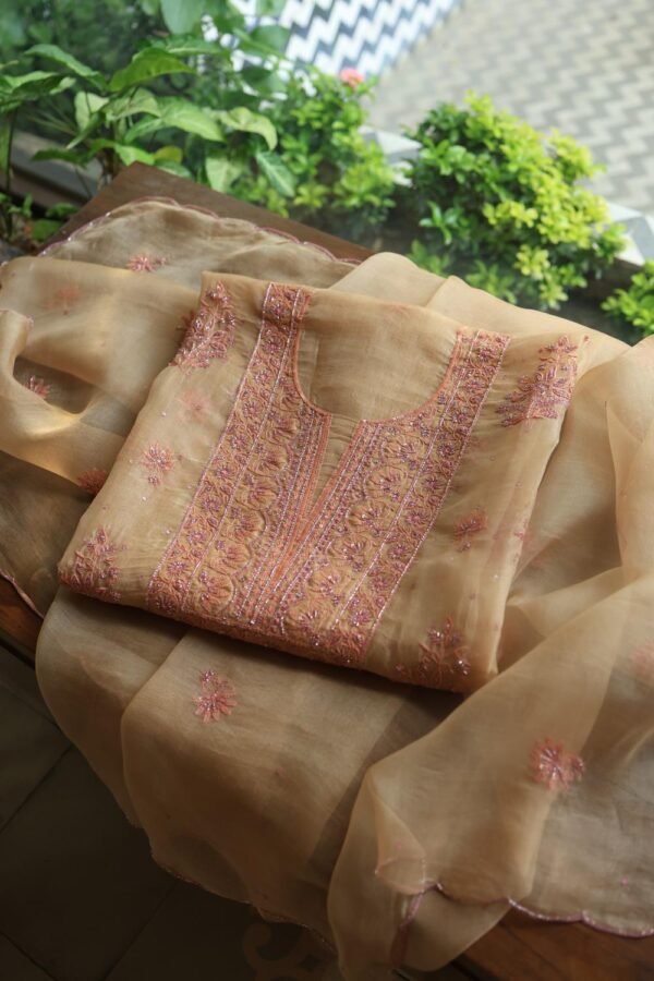 Peach Noor Organza Silk Chikankari Unstitched Kurta Dupatta Set - Image 18