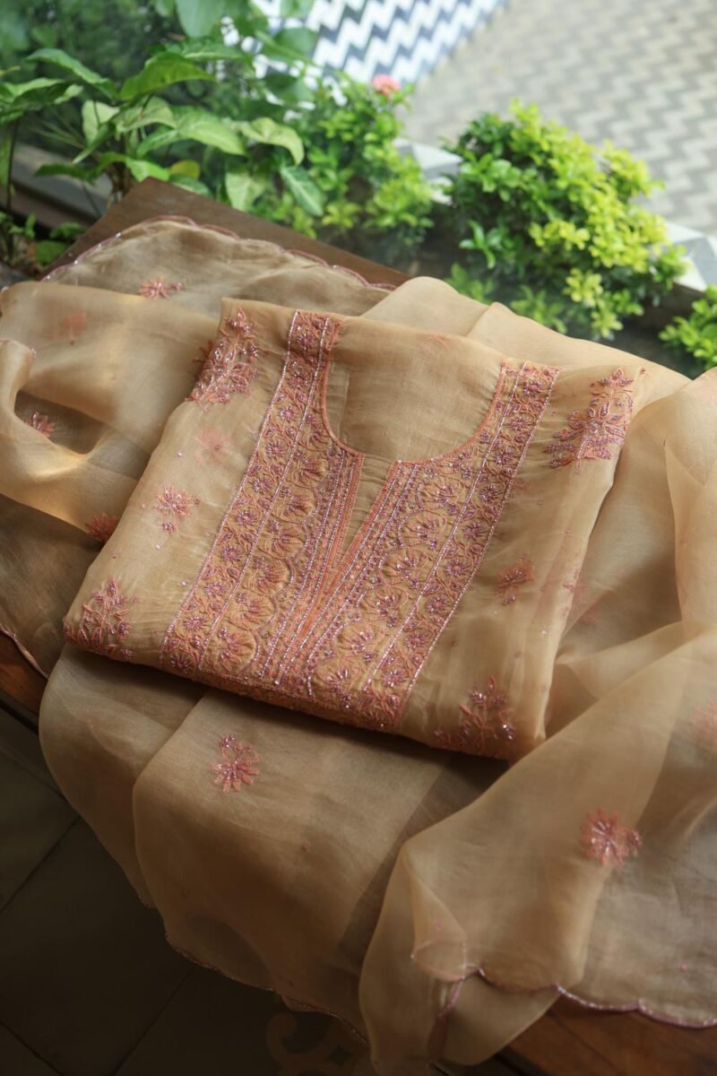 Peach Noor Organza Silk Chikankari Unstitched Kurta Dupatta Set
