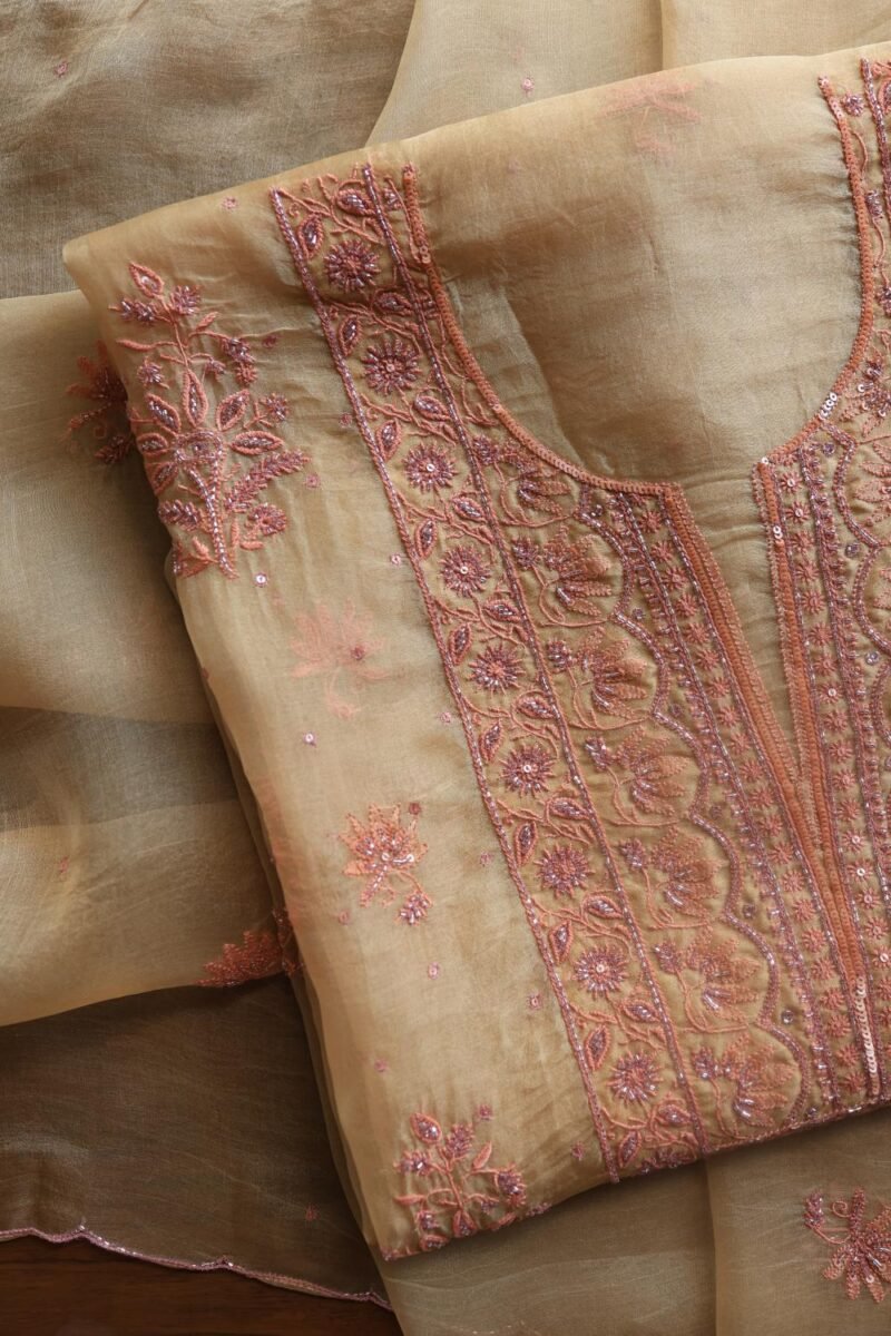 Peach Noor Organza Silk Chikankari Unstitched Kurta Dupatta Set