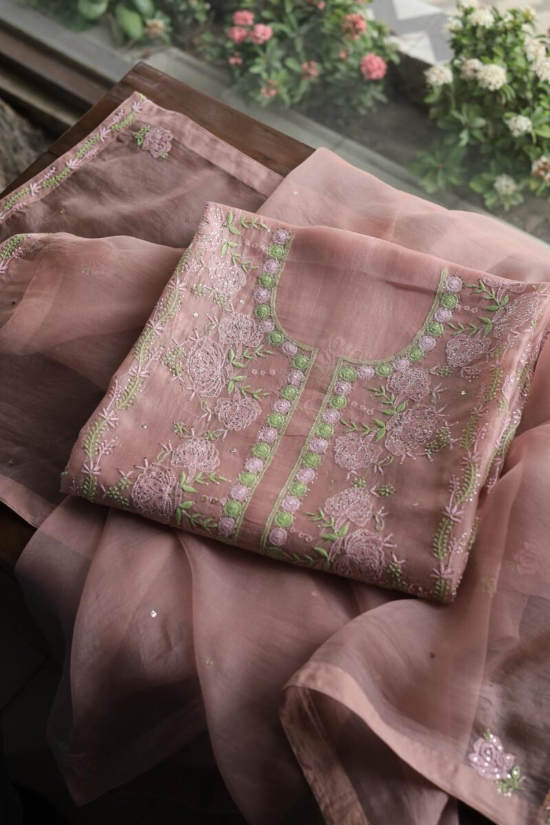 Peach Noor Organza Silk Chikankari Unstitched Kurta Dupatta Set