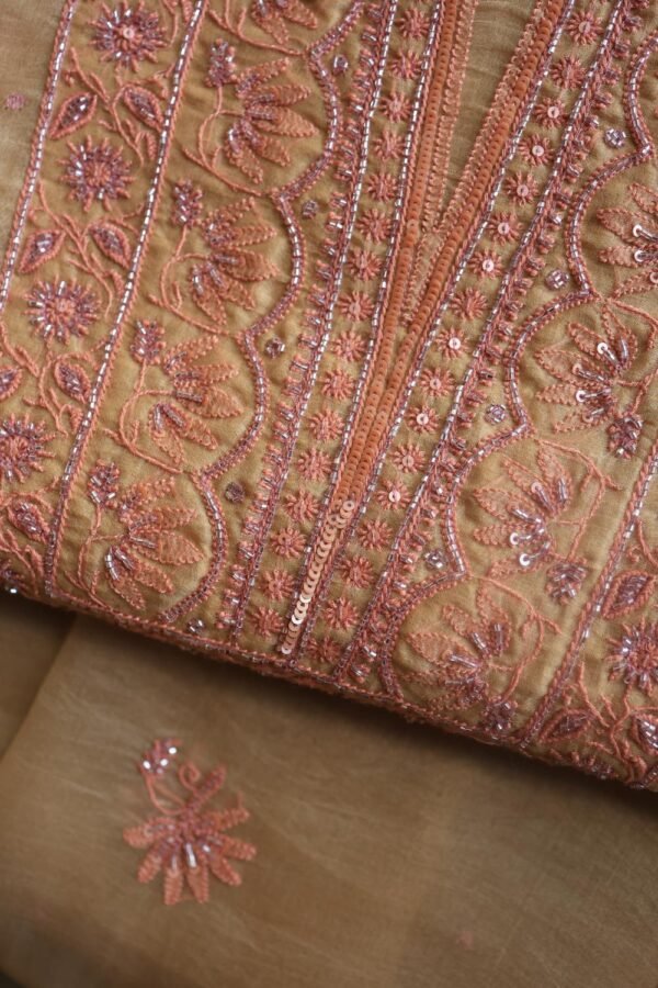 Peach Noor Organza Silk Chikankari Unstitched Kurta Dupatta Set - Image 13