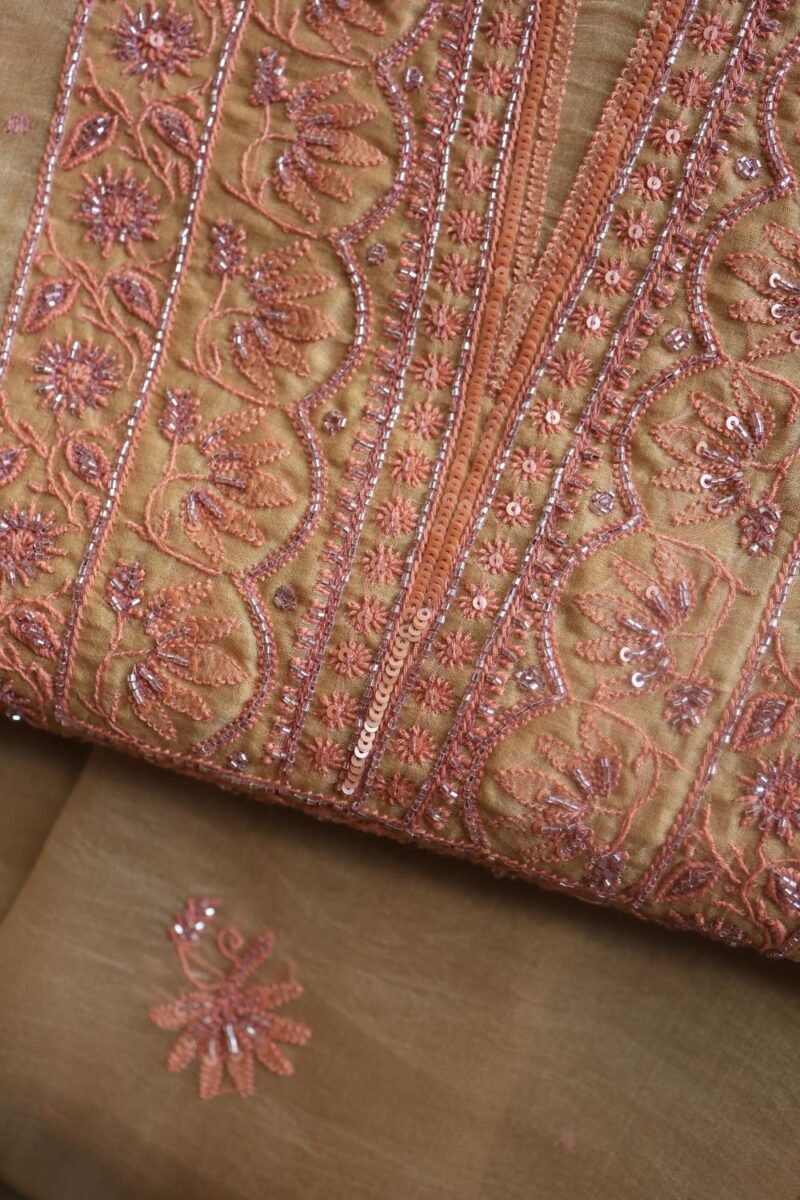 Peach Noor Organza Silk Chikankari Unstitched Kurta Dupatta Set