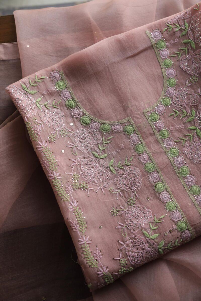 Peach Noor Organza Silk Chikankari Unstitched Kurta Dupatta Set