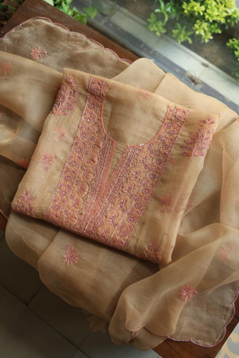 Peach Noor Organza Silk Chikankari Unstitched Kurta Dupatta Set