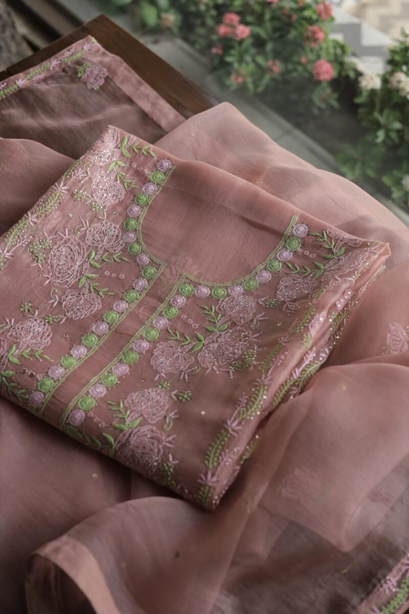 Peach Noor Organza Silk Chikankari Unstitched Kurta Dupatta Set