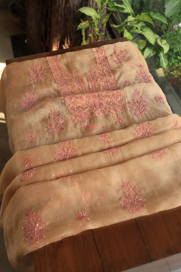 Peach Noor Organza Silk Chikankari Unstitched Kurta Dupatta Set - Image 2