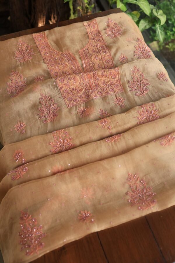 Peach Noor Organza Silk Chikankari Unstitched Kurta Dupatta Set - Image 4