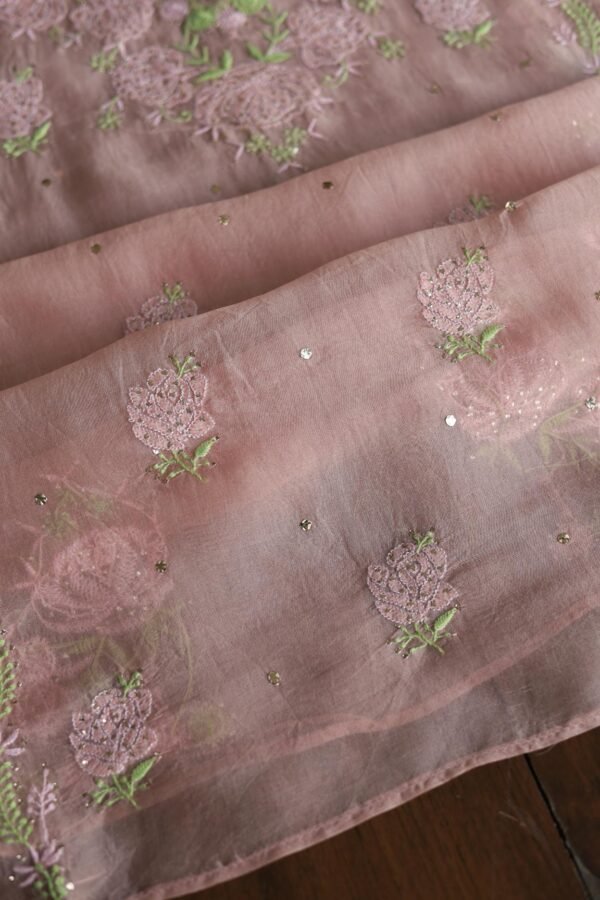 Peach Noor Organza Silk Chikankari Unstitched Kurta Dupatta Set - Image 8