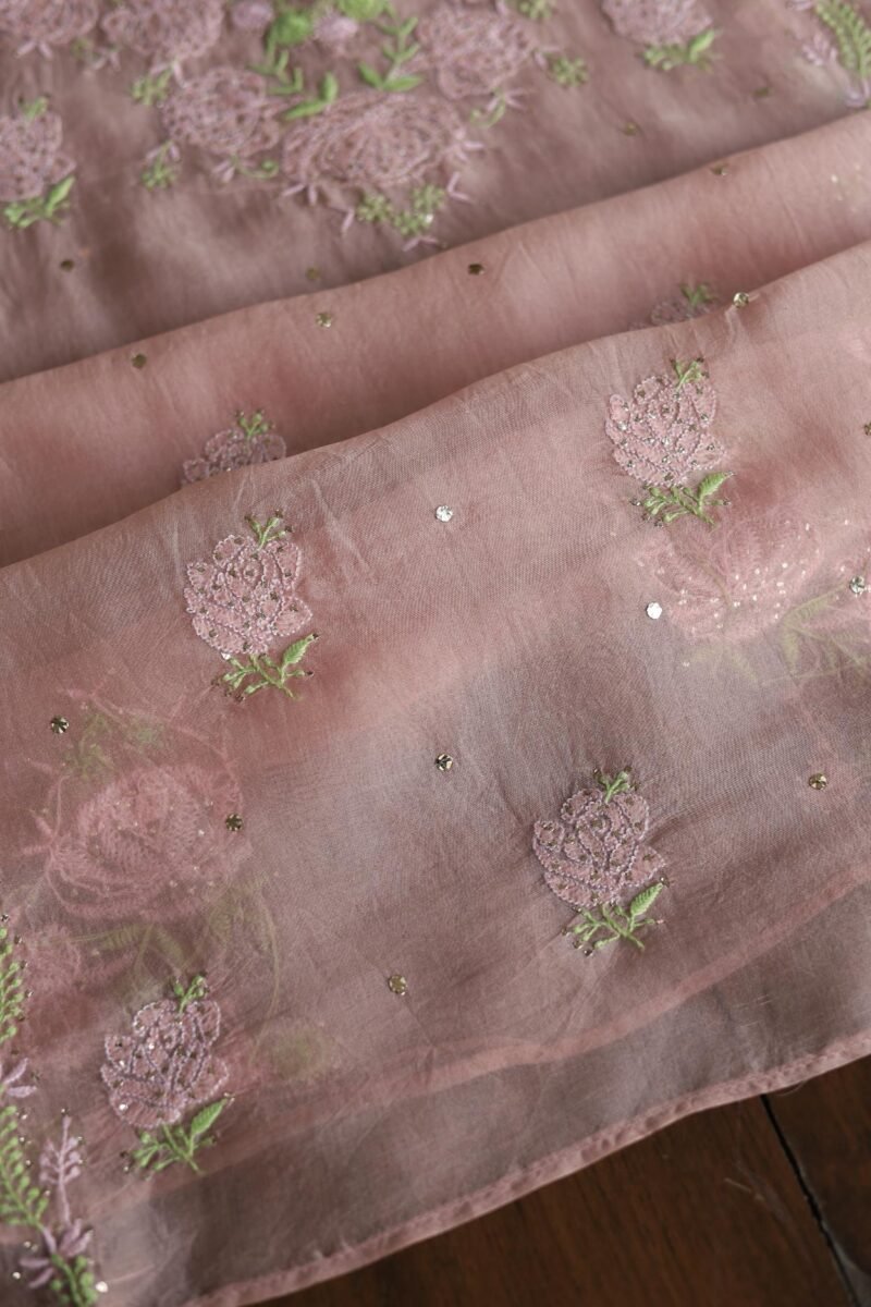 Peach Noor Organza Silk Chikankari Unstitched Kurta Dupatta Set