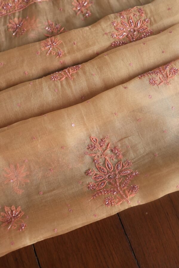 Peach Noor Organza Silk Chikankari Unstitched Kurta Dupatta Set - Image 8