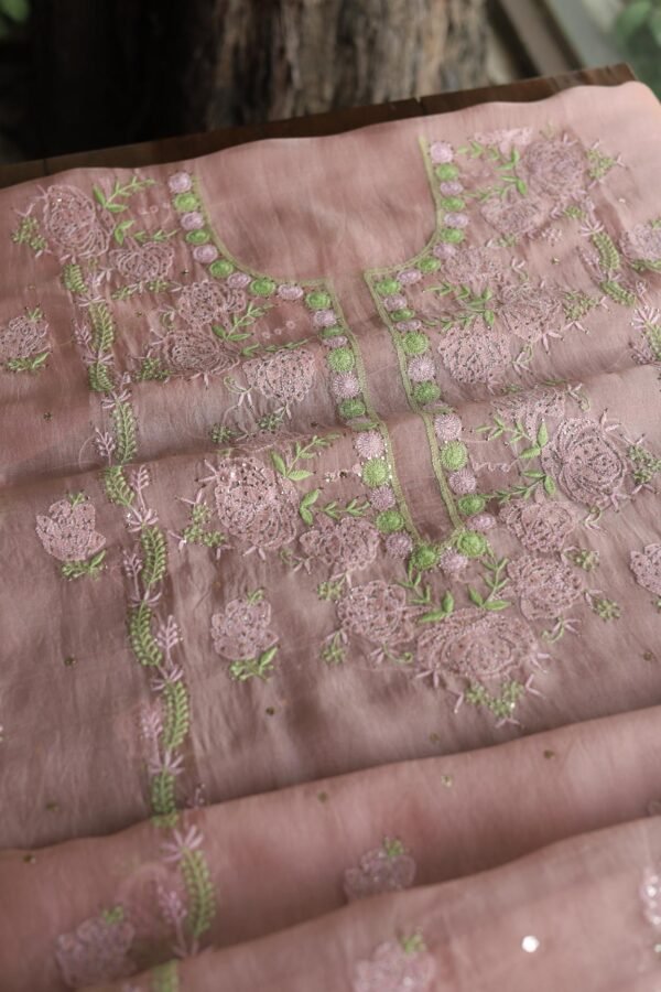 Peach Noor Organza Silk Chikankari Unstitched Kurta Dupatta Set - Image 9