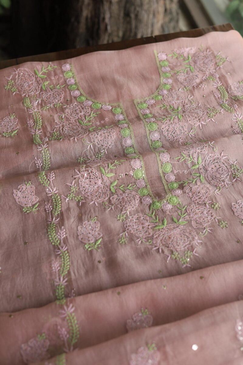 Peach Noor Organza Silk Chikankari Unstitched Kurta Dupatta Set