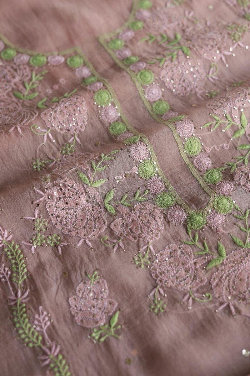 Peach Noor Organza Silk Chikankari Unstitched Kurta Dupatta Set
