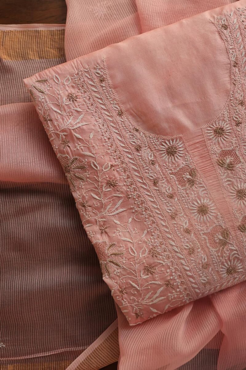 Peach Paper Tussar Resham Chikankari Unstitched Kurta Dupatta Set