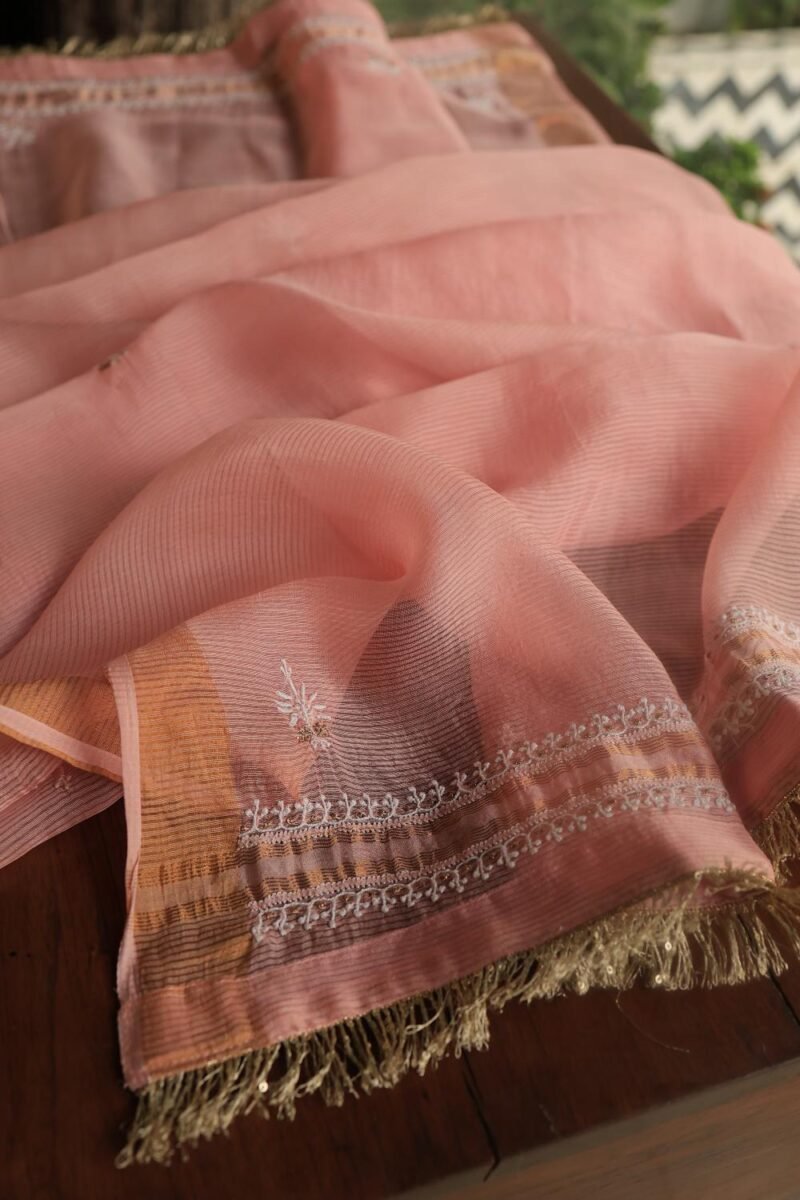 Peach Paper Tussar Resham Chikankari Unstitched Kurta Dupatta Set