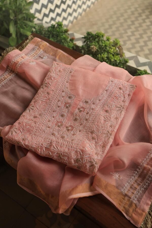 Peach Paper Tussar Resham Chikankari Unstitched Kurta Dupatta Set