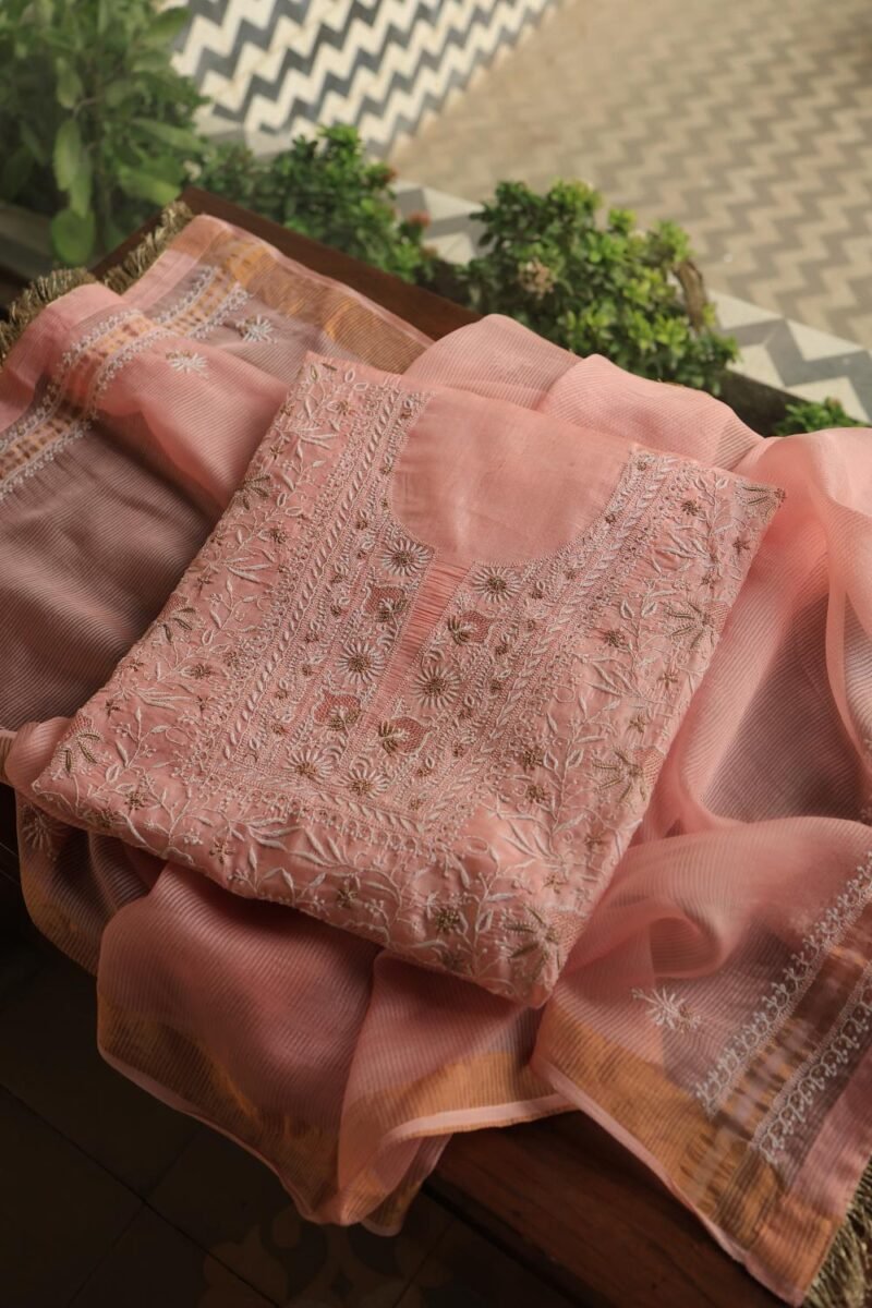 Peach Paper Tussar Resham Chikankari Unstitched Kurta Dupatta Set
