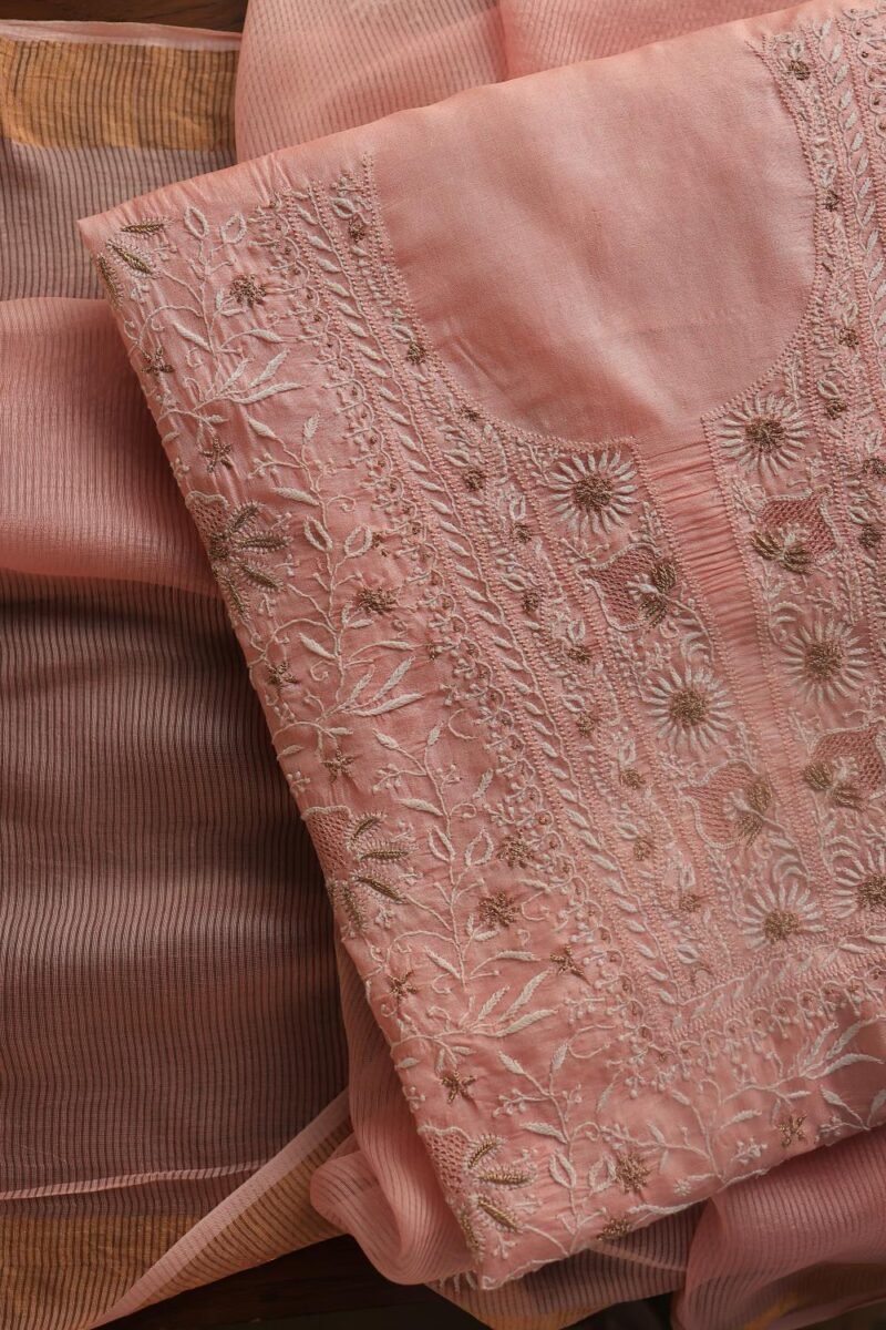 Peach Paper Tussar Resham Chikankari Unstitched Kurta Dupatta Set