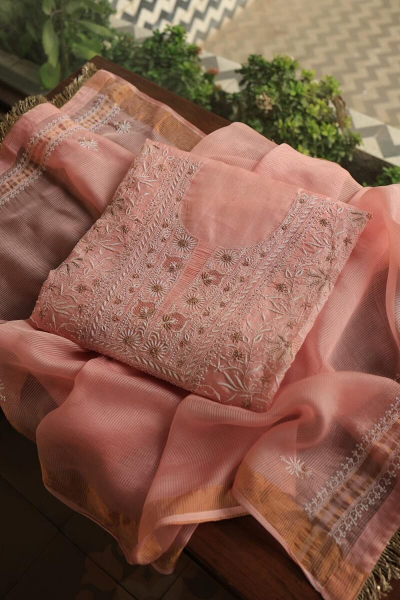 Peach Paper Tussar Resham Chikankari Unstitched Kurta Dupatta Set