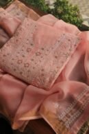 Peach Paper Tussar Resham Chikankari Unstitched Kurta Dupatta Set