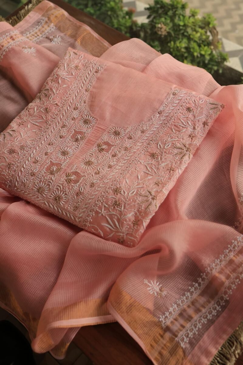 Peach Paper Tussar Resham Chikankari Unstitched Kurta Dupatta Set