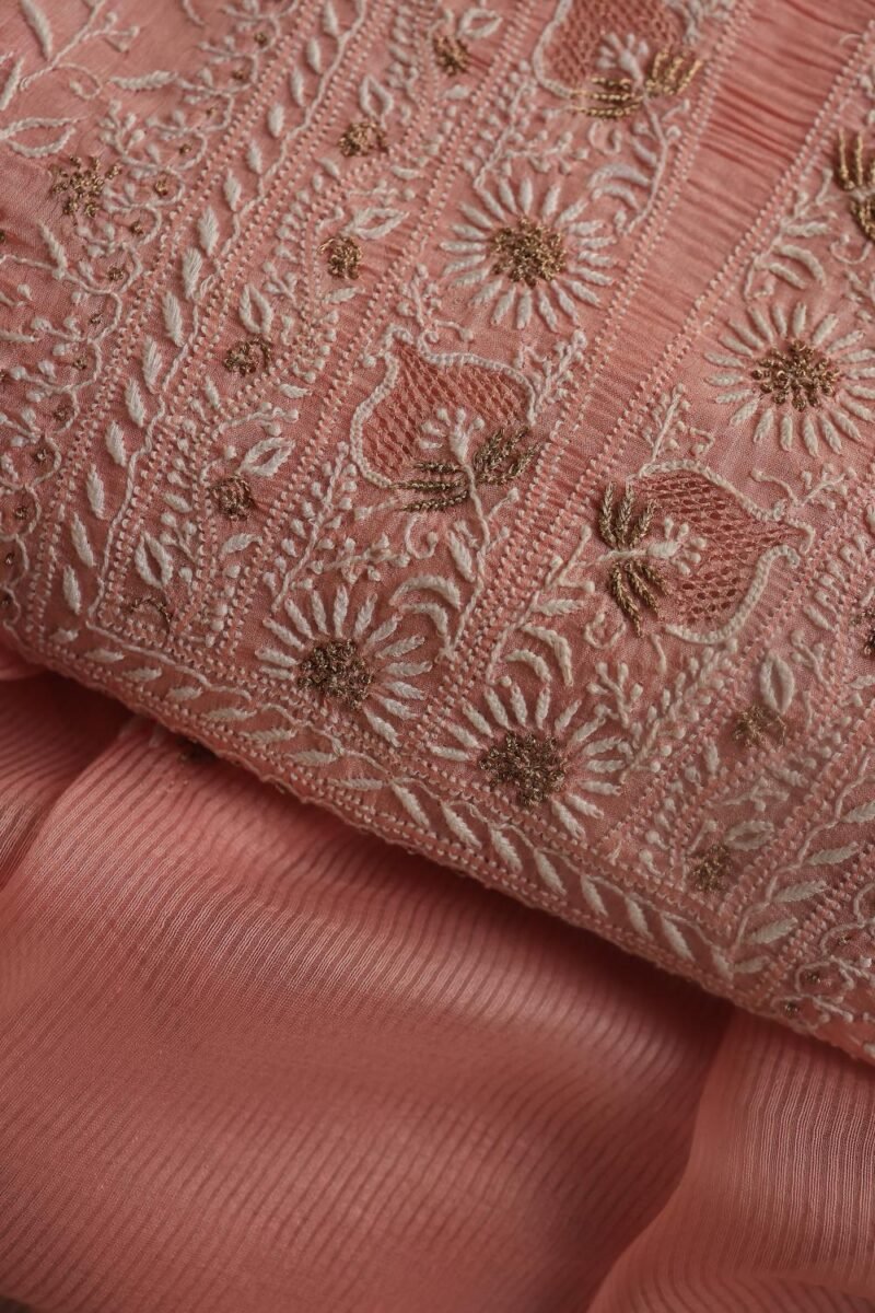 Peach Paper Tussar Resham Chikankari Unstitched Kurta Dupatta Set