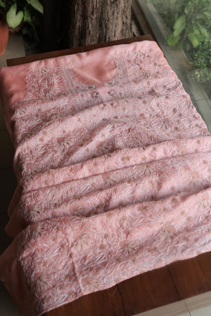 Peach Paper Tussar Resham Chikankari Unstitched Kurta Dupatta Set