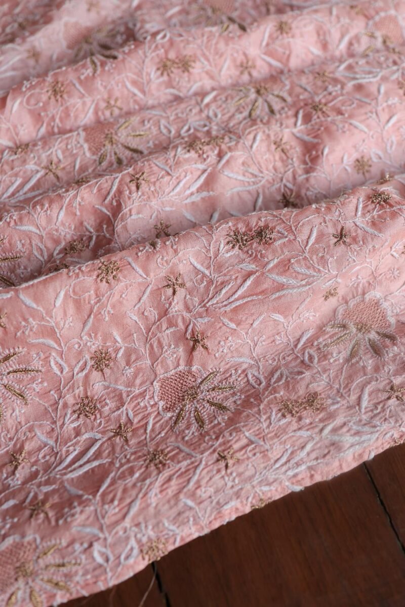 Peach Paper Tussar Resham Chikankari Unstitched Kurta Dupatta Set
