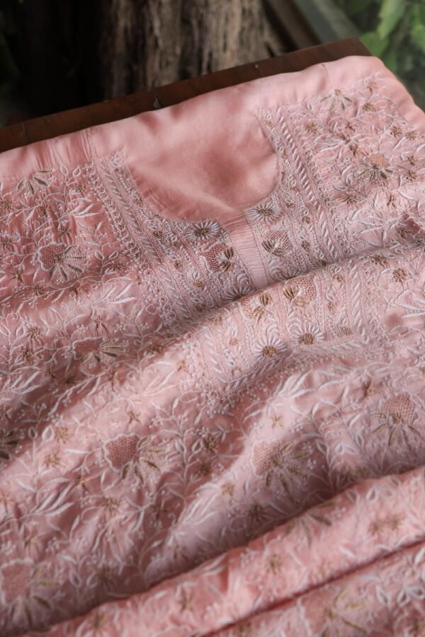 Peach Paper Tussar Resham Chikankari Unstitched Kurta Dupatta Set - Image 12