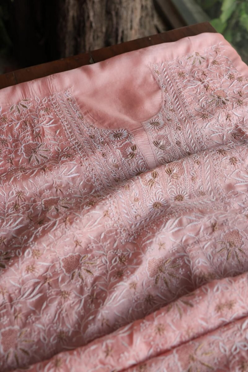 Peach Paper Tussar Resham Chikankari Unstitched Kurta Dupatta Set